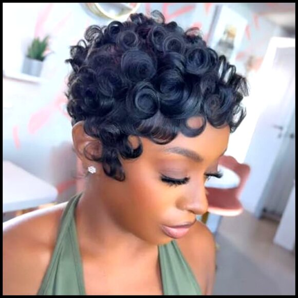 Curly Pixie Cut Human Hair Wig Glueless Layered With Bangs Daily Wear